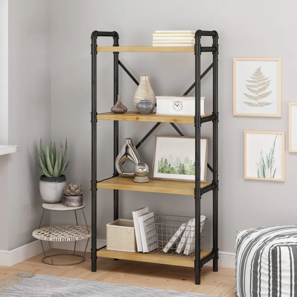Metal Pipe Shelf Fir Wood Black Metal and Wood Design nh-inmax