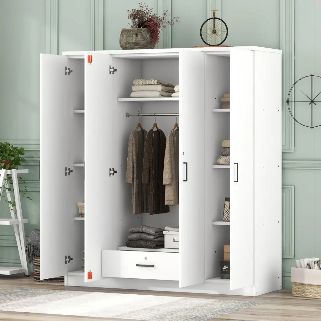 4 Door Wardrobe 1 Drawer White Hinged Shelf Storage lucky furniture