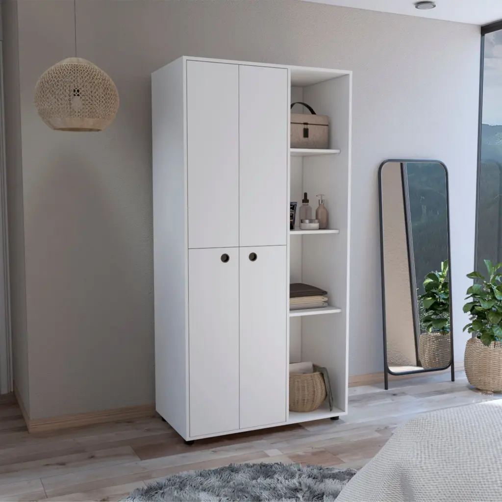Misuri Wardrobe Armoire Double Door Drawer Hanging Rod and Open Shelves tuhome
