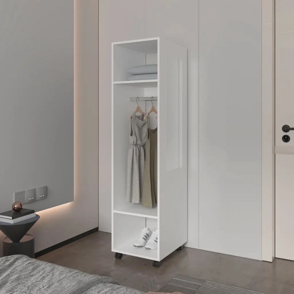 Benson Wardrobe Melamine Mirror And Open Storage White fm furniture