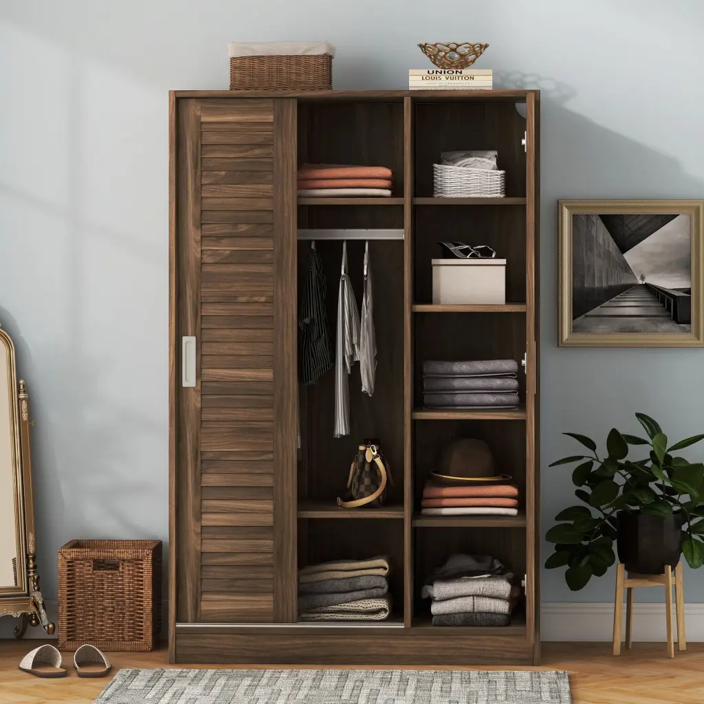 3 Door Shutter Wardrobe Shelves Walnut Sliding Walnut Shelf Bedroom Storage lucky furniture