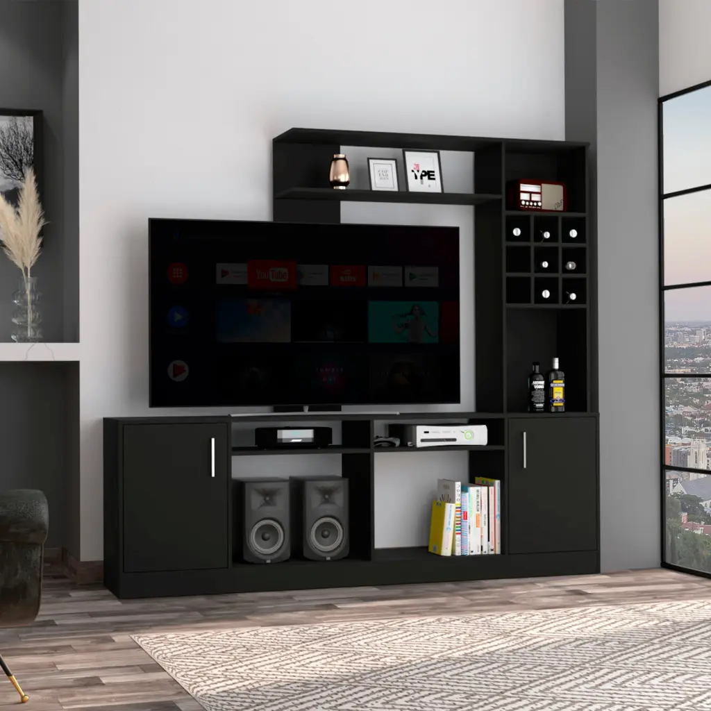 Latrou 6 Bottle 2 Door Entertainment Center Black Wengue Black Primary furniture max