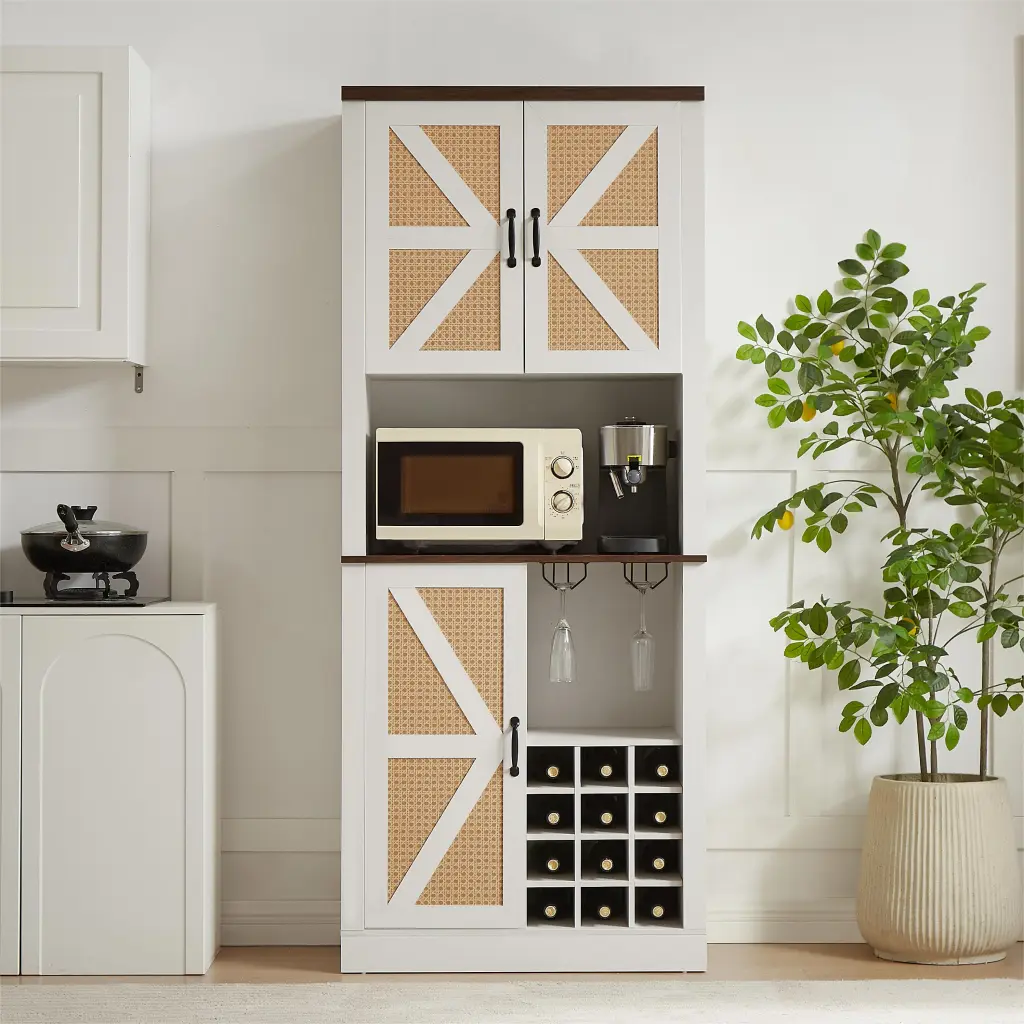 76 Inch Farmhouse Kitchen Wine Cabinet Faux Rattan Bar Storage rnb