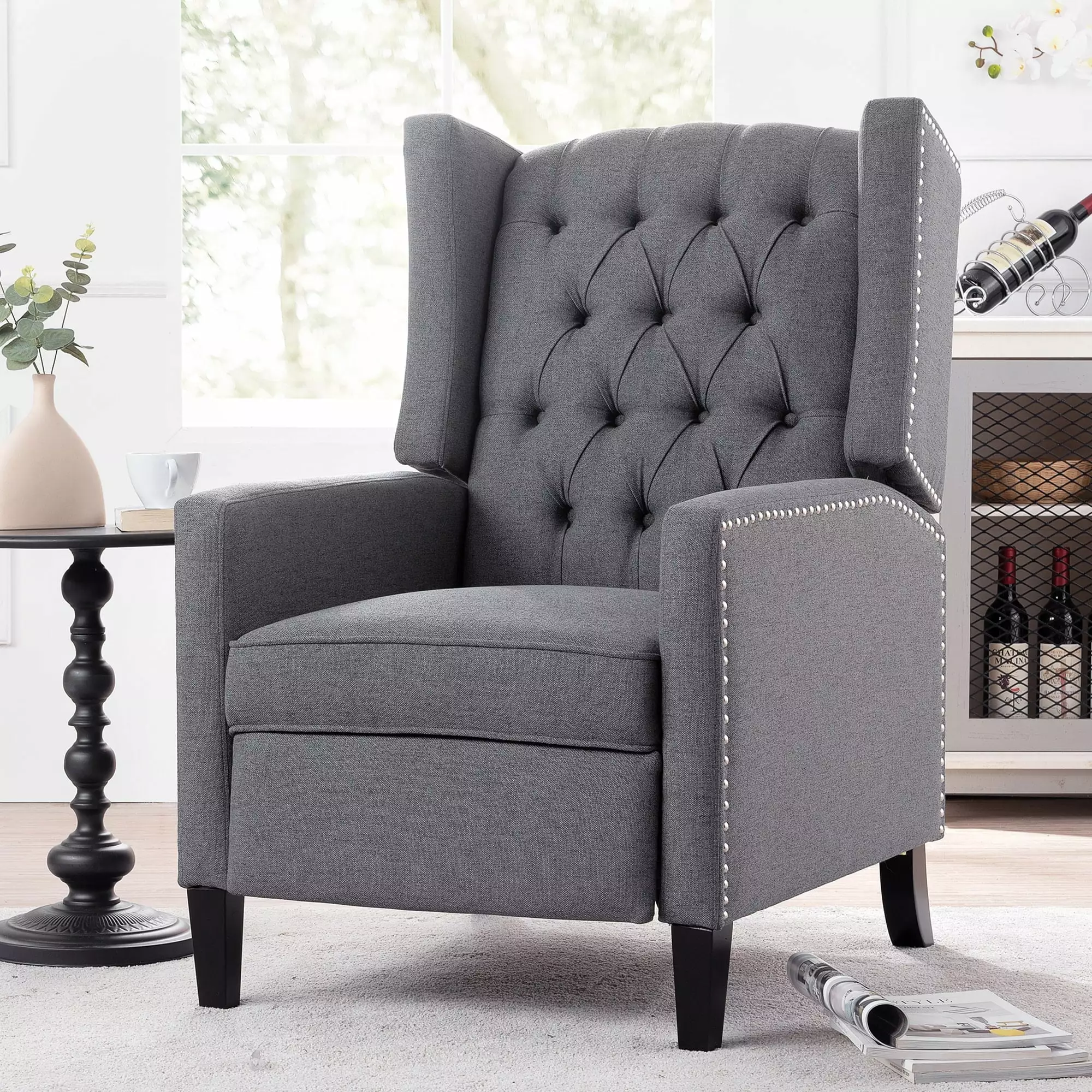 Grey Manual Wing Chair Recliner Adjustable Chaise Longue and Solid Wood Frame Bed Bath & Beyond