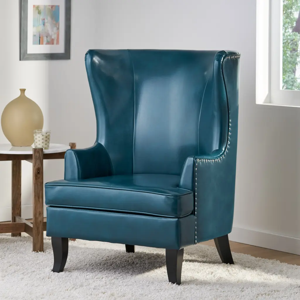 Canterbury Hi Back Wing Chair Teal Leather Classic Living Room Armchair nh-mirod