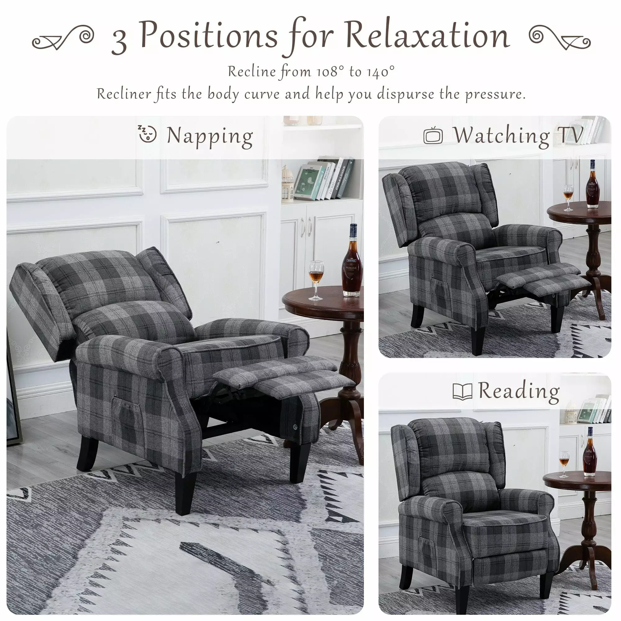 Check Recliner Sofa Gray Wingback Reading Chair Footrest Bed Bath & Beyond