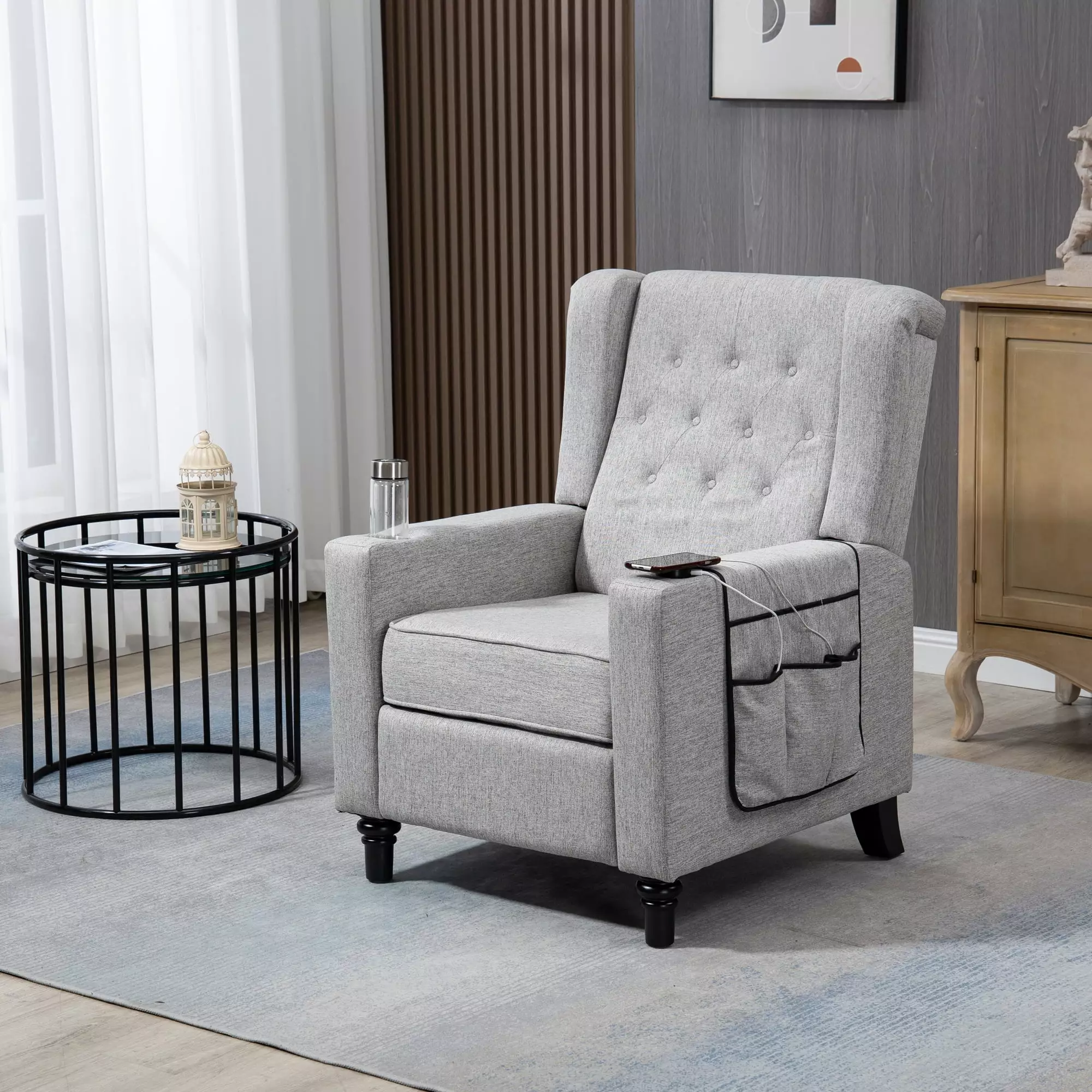 Light Gray Modern Button Tufted Wingback Push Back Recliner Chair Fabric Manual Living Room Sofa CoSoTower