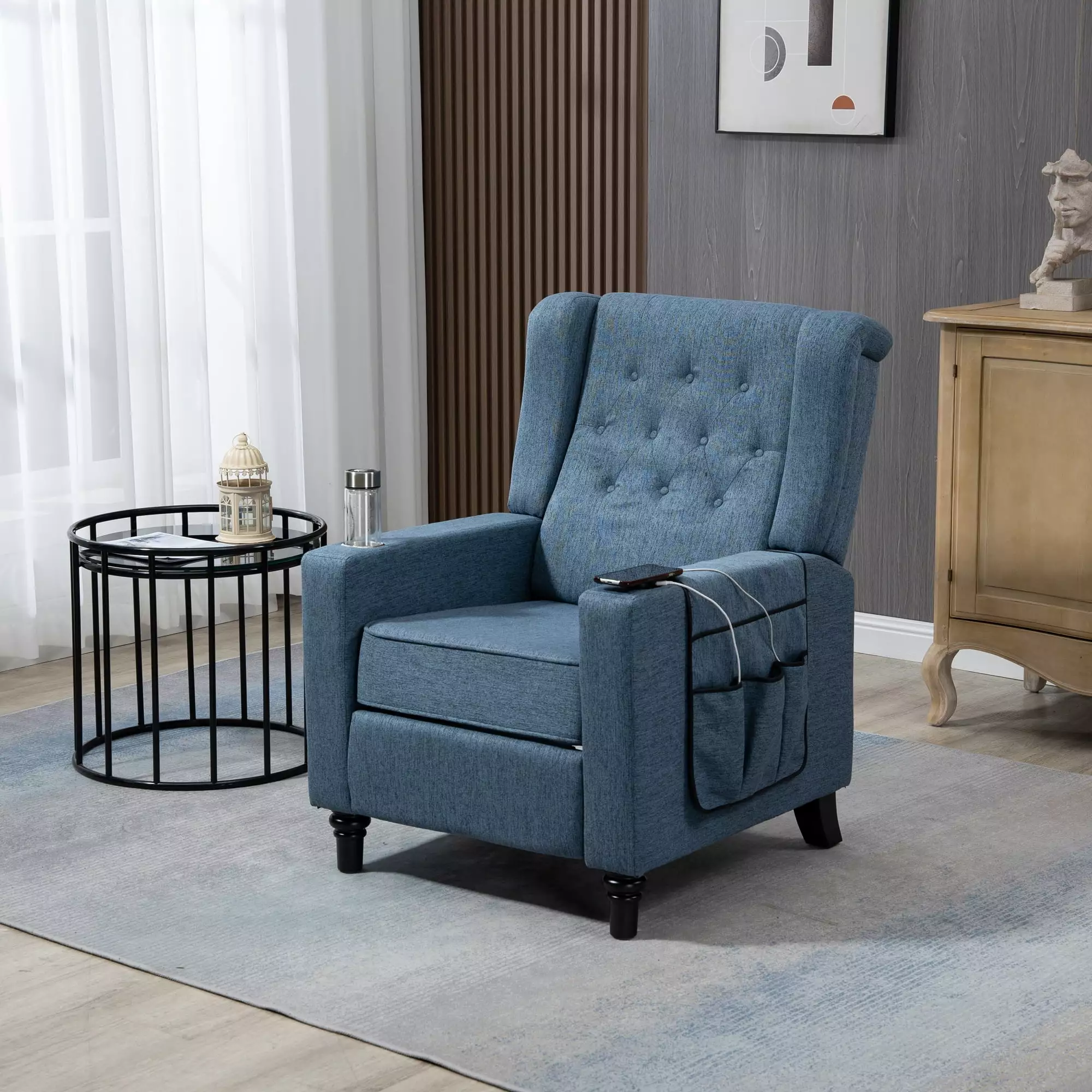 Navy Blue Modern Button Tufted Wingback Push Back Recliner Chair Fabric Manual Living Room Sofa CoSoTower