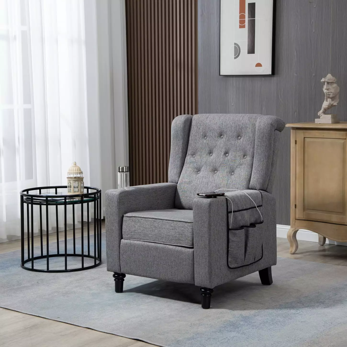 Dark Gray Modern Button Tufted Wingback Arm Pushing Recliner Chair Birch Wood Legs HATNOKIL