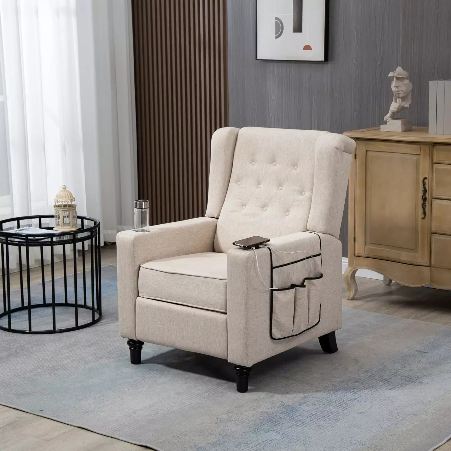 Khaki Yellow Linen Fabric Wingback Push Back Recliner Birch Wood Legs Home Theater HATNOKIL