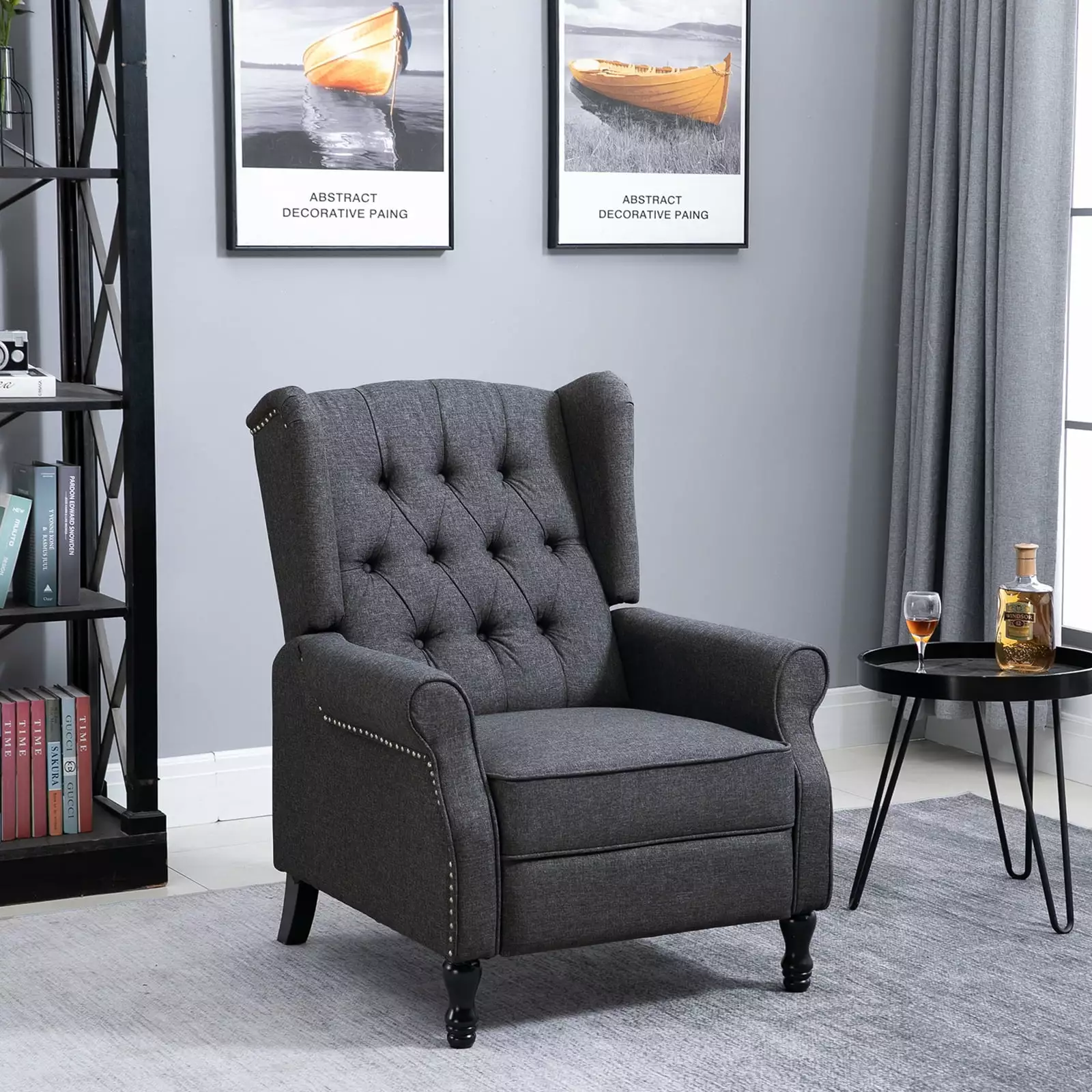 HOMCOM Fabric Upholstered Wingback Recliner. Tufted Push Back Accent Chair. Linen Arm Chair Footrest. Armrest. Padded Cush...