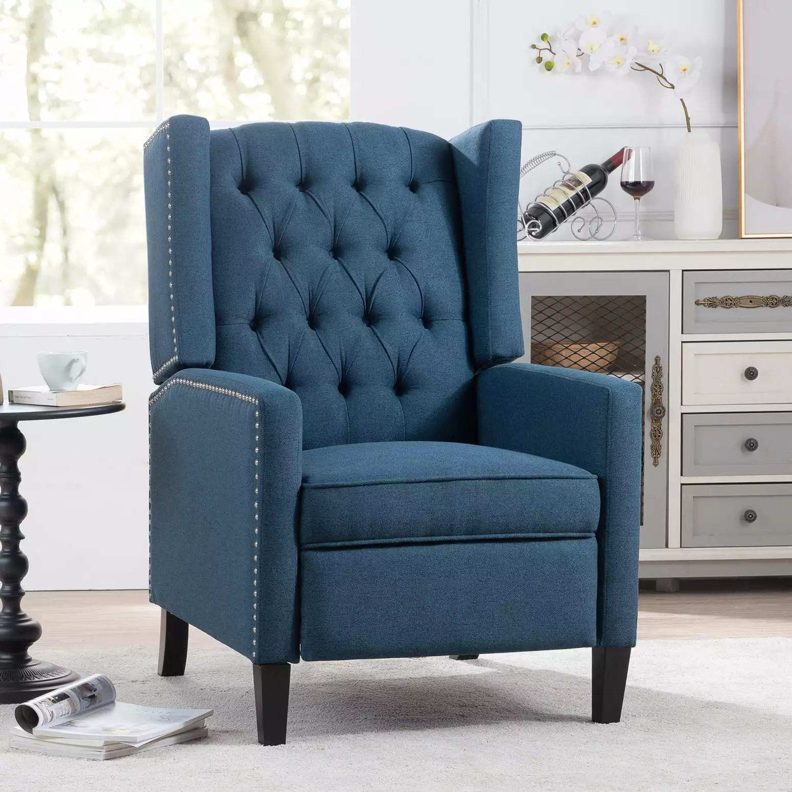 Blue Manual Wing Chair Recliner 27.16 Wide Seat Comfortable Lounge Chair Solid Birch Legs Modern Living Spaces Ponnky