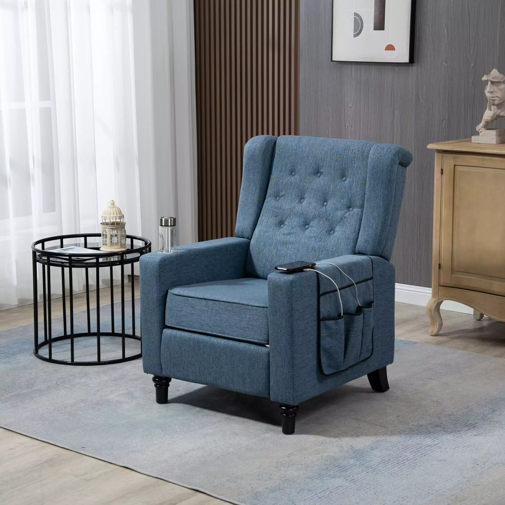 Navy Blue Linen Fabric Modern Button Tufted Wingback Push Back Recliner Birch Wood Legs Ponnky