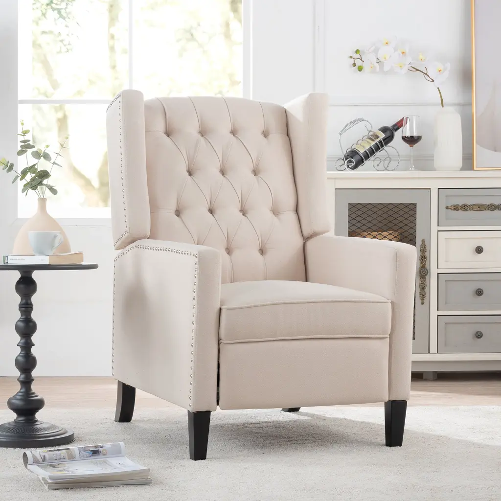 27.16 Wide Manual Wing Chair Recliner Beige Fabric Living Room Chair rnb