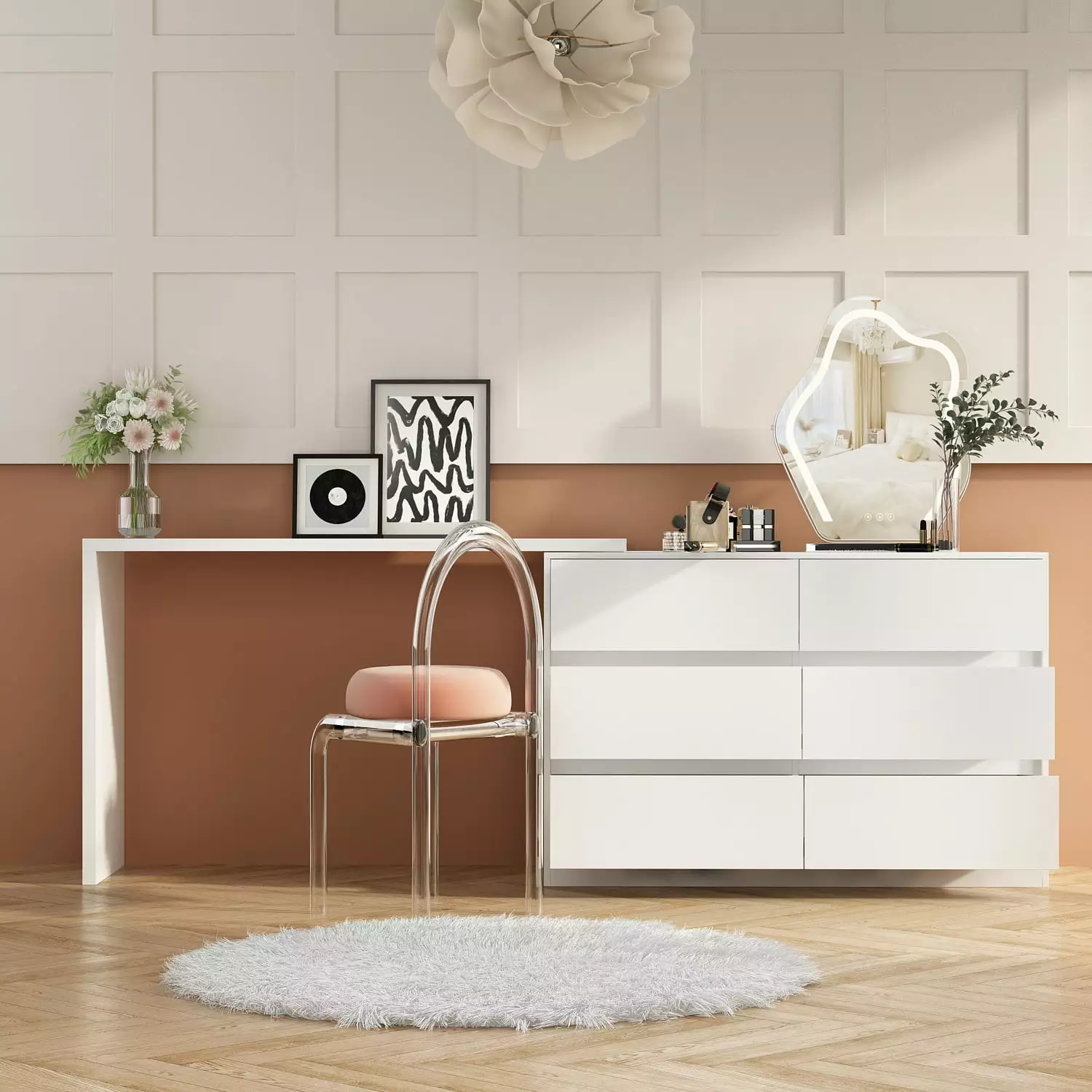 OXYLIFE L Shaped Rotatable Corner Table Computer Desk 6 Drawer Dresser Home Office