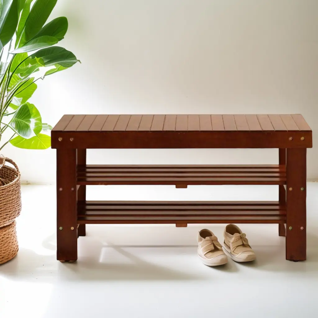 Pina Standard Solid Wood Shoe Bench Cherry Finish hz