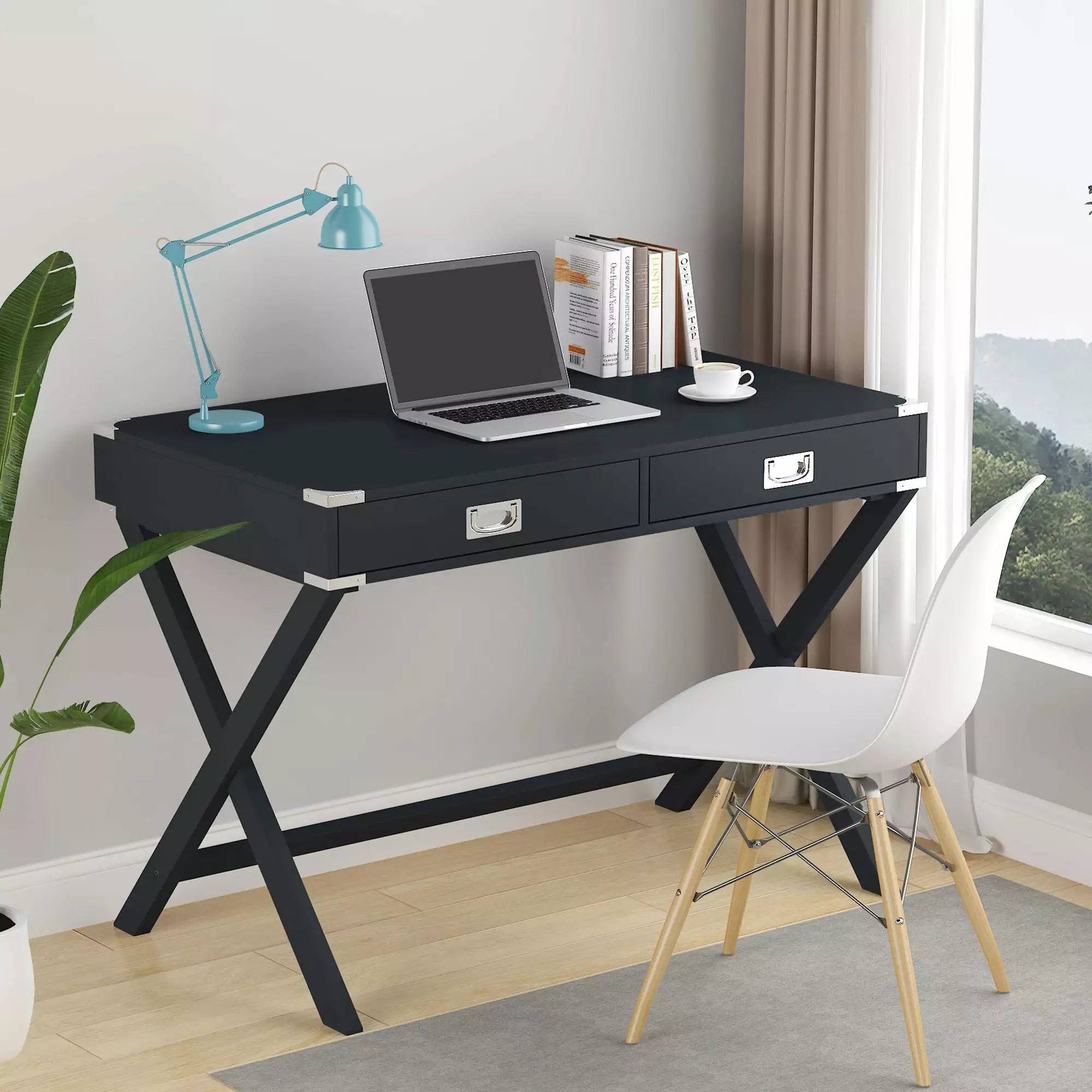 Yoneston Modern Black Wood Computer Desk Drawers Home Office & Dressing