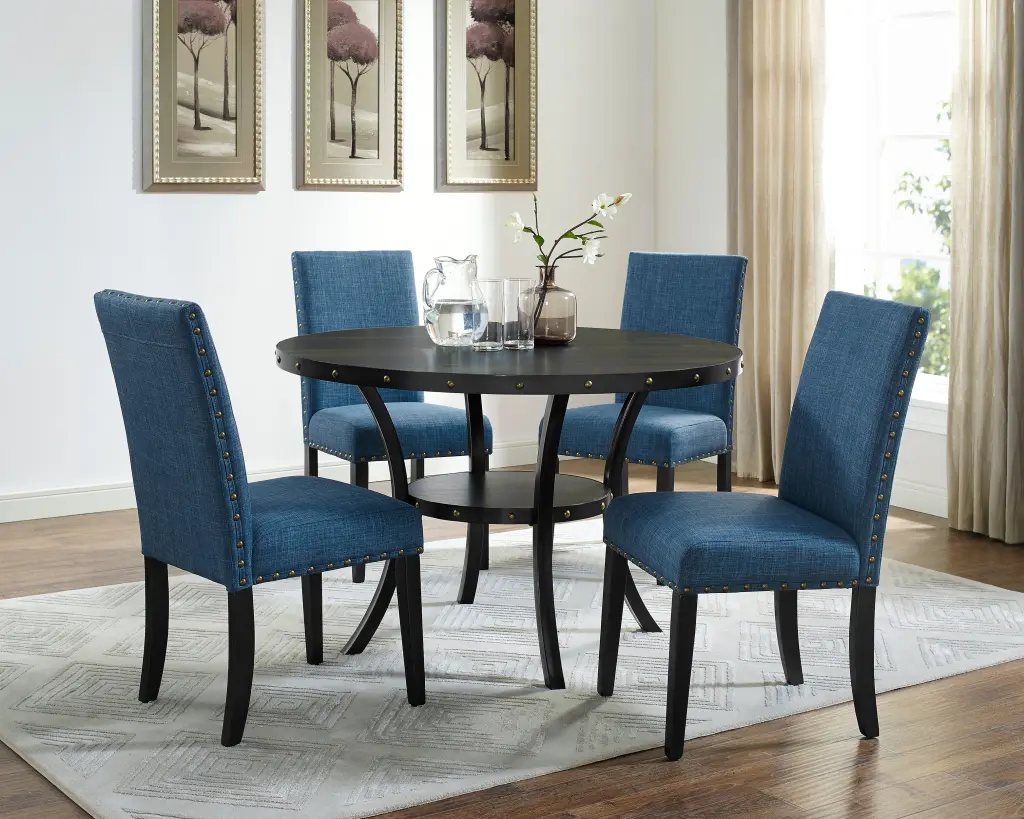 Biony Espresso Wood Dining Set Blue Fabric Chairs 4 Piece Wood Dining Room Table hz