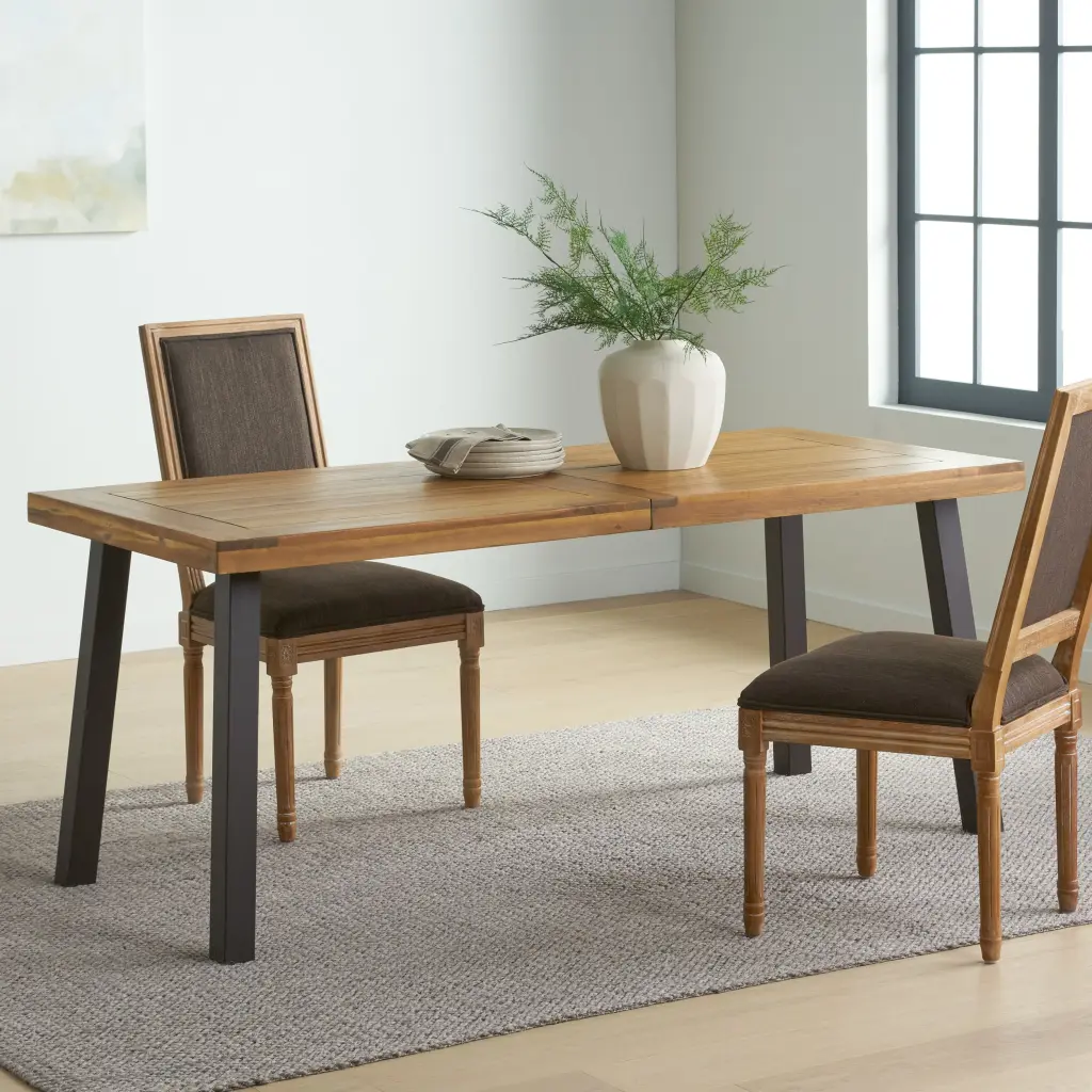 Della Acacia Wood Dining Table Natural Stained Rustic Metal Base nh-uhome