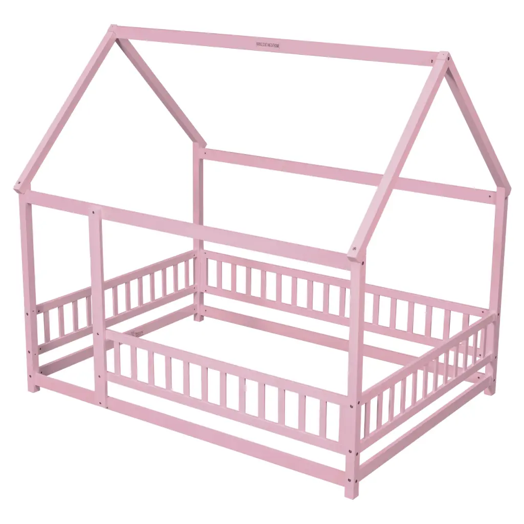 Full Size Floor Wooden Bed Roof Frame and Fence Guardrails inspirit