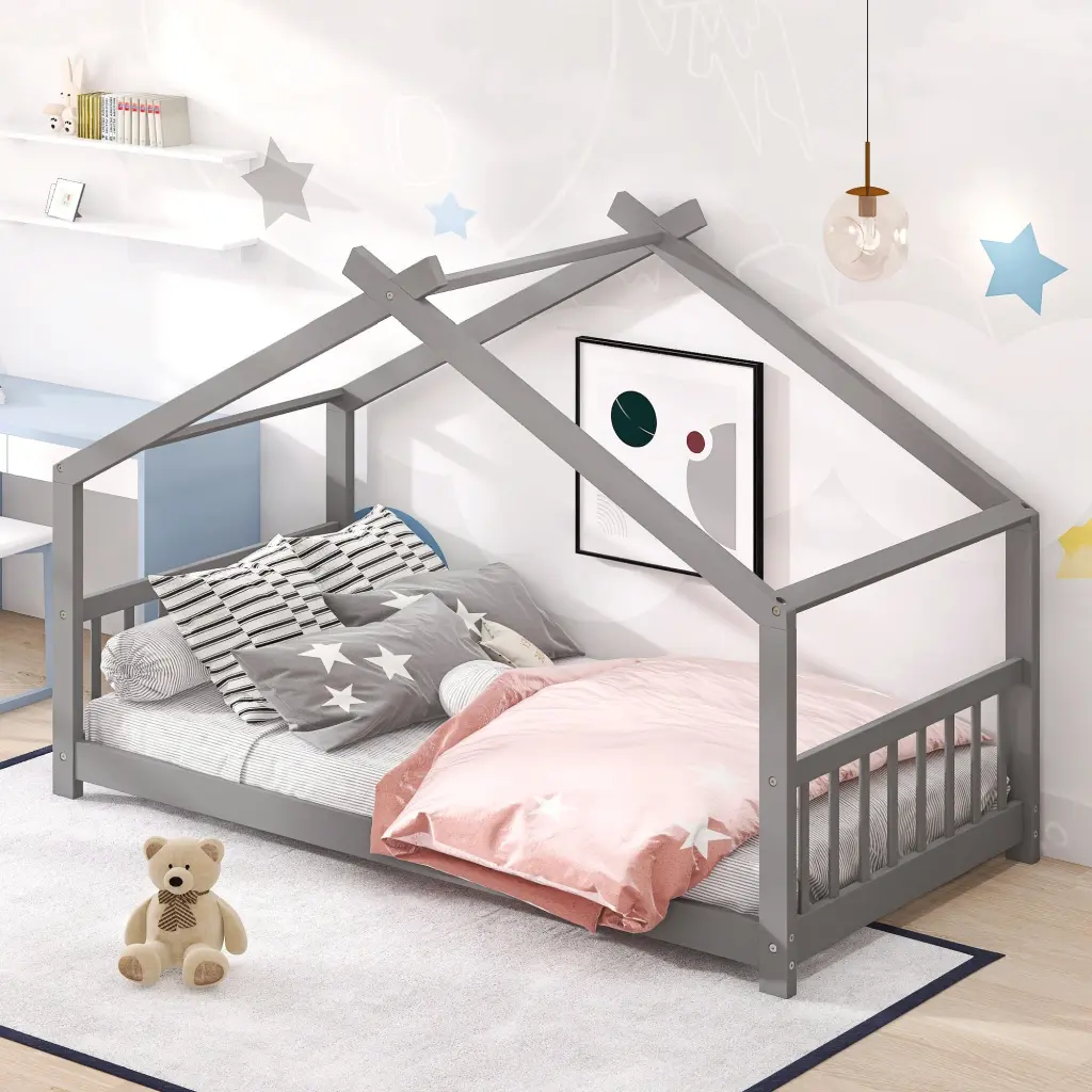 Twin Size Houtilize Bed Wood Bed Gray Solid Wood Frame lucky furniture