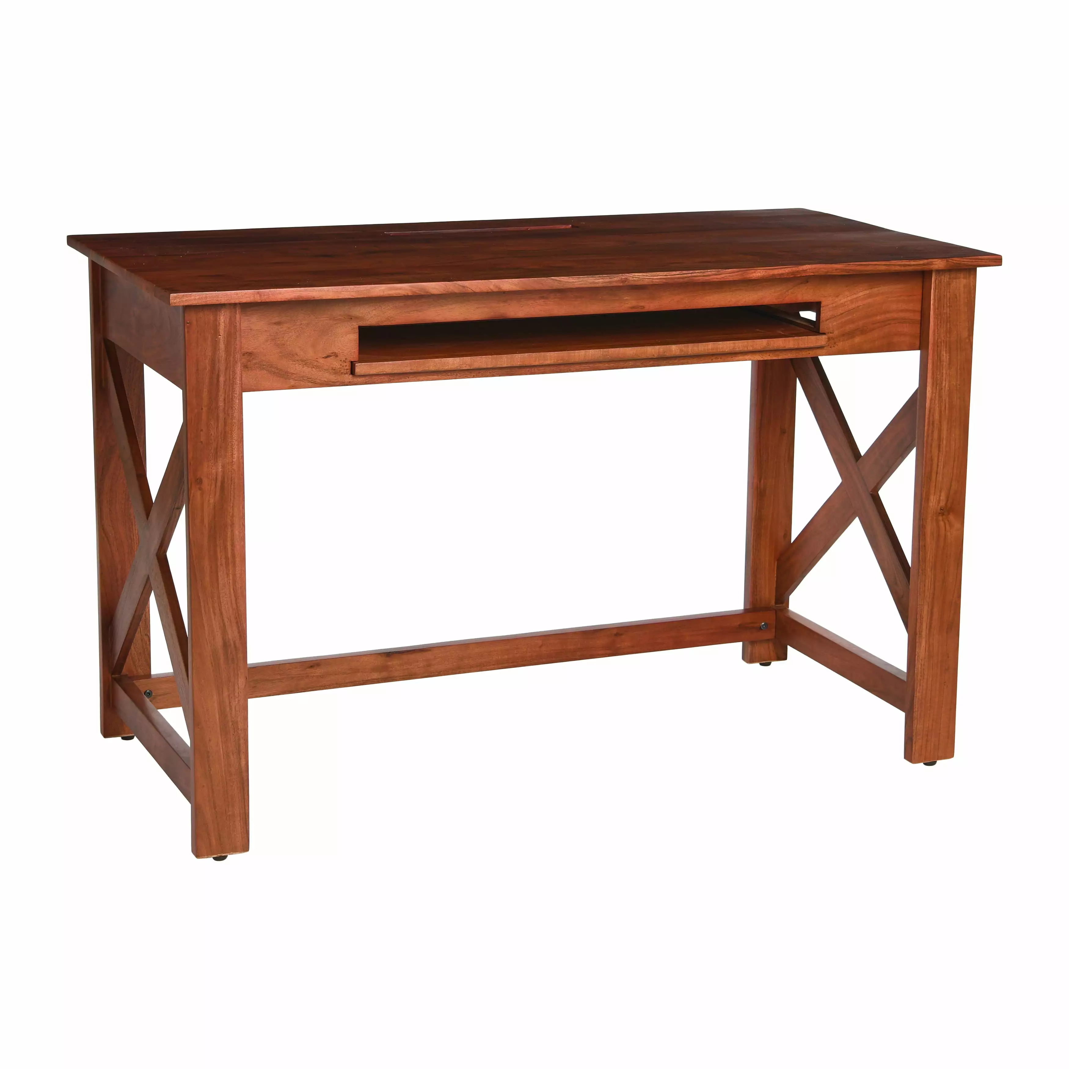 Creative Co Op Rustic Mango Wood Desk Keyboard Shelf and X Frame Side Detail Creative Co-Op