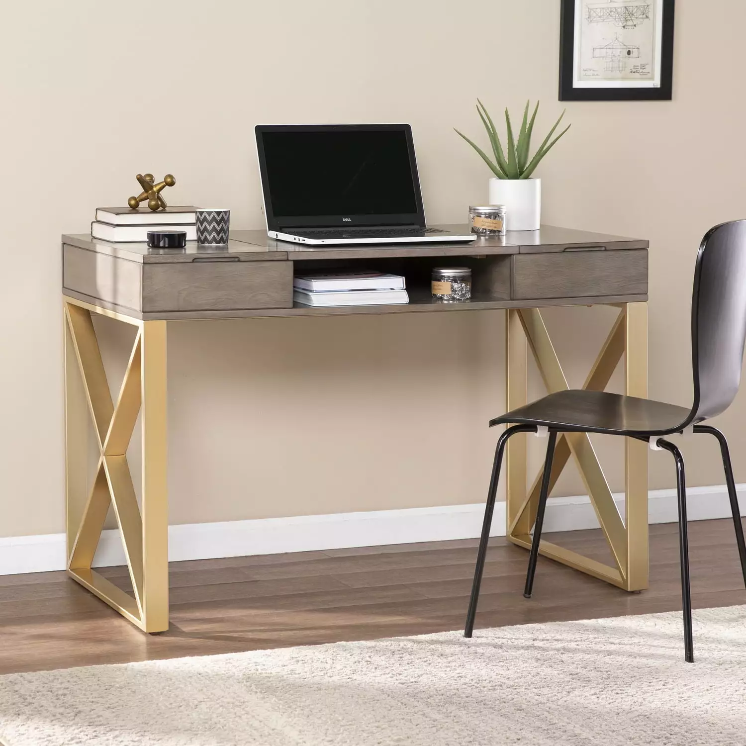 SEI Furniture Bardmont Engineered Wood Two-Tone Desk Storage Gray and Gold Southern Enterprises