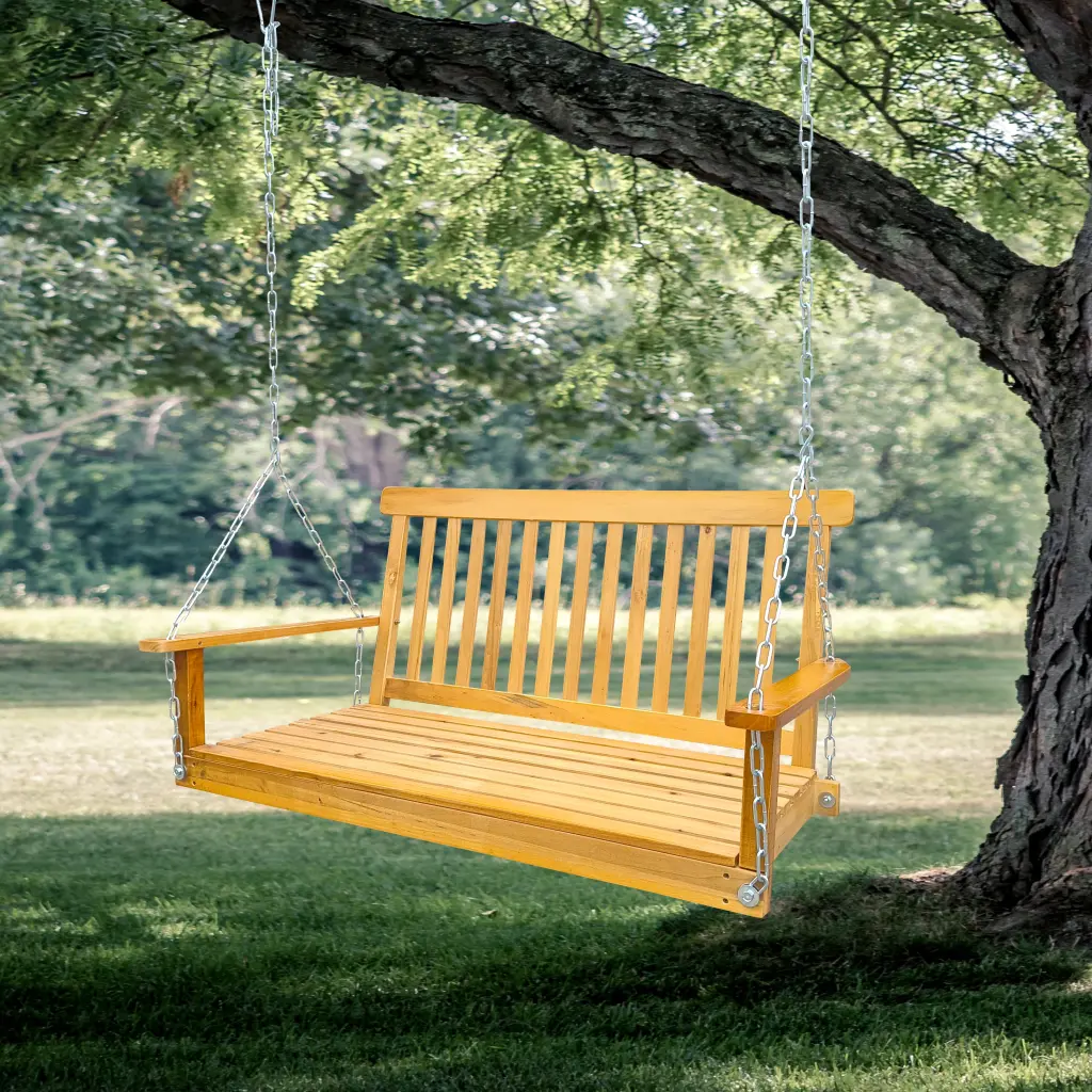 Front Porch Swing Armrests Wood Bench Swing Hanging Chains leisure home -jy