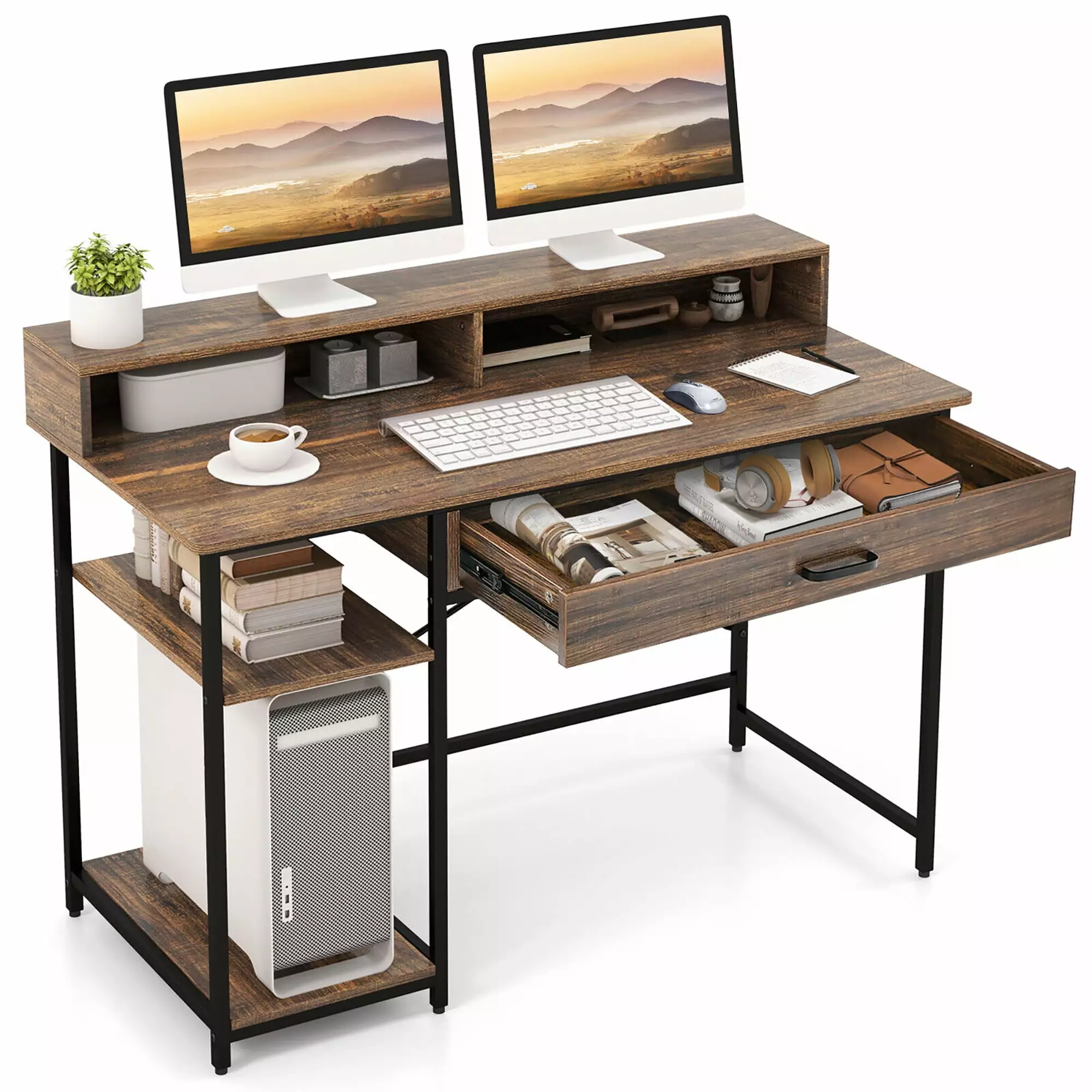 Gymax 48 Inch Computer Desk Workstation Monitor Stand Storage Drawer Open Shelves Modern Office Desk