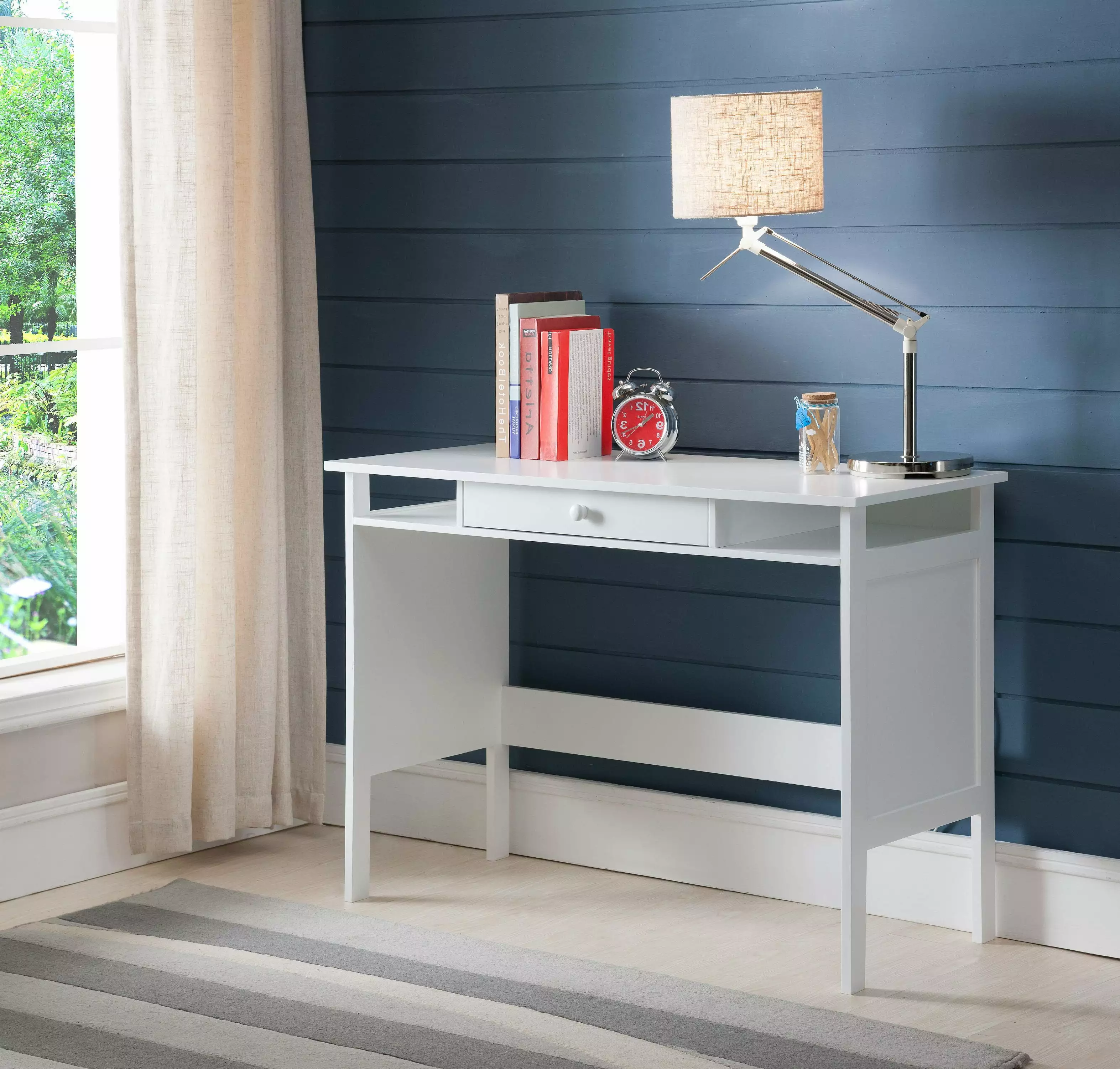 Aspen Home & Office Workstation Computer Desk Drawer and Shelves White Wood Contemporary Pilaster Designs