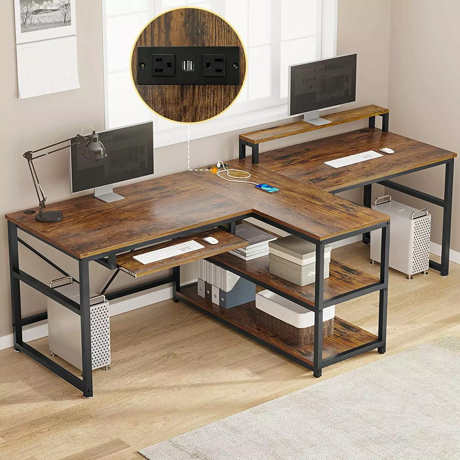 Two Person Desk Monitor Stand Power Strip USB Printer Shelf Double Workstation Sedeta