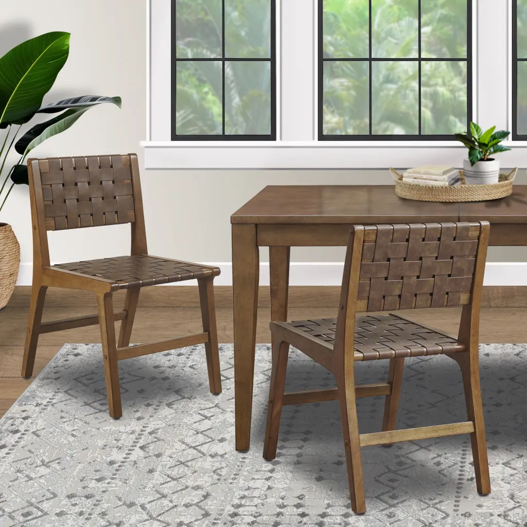 Faux Leather Woven Dining Chairs Set 2, Brown Polyester Chairs jla
