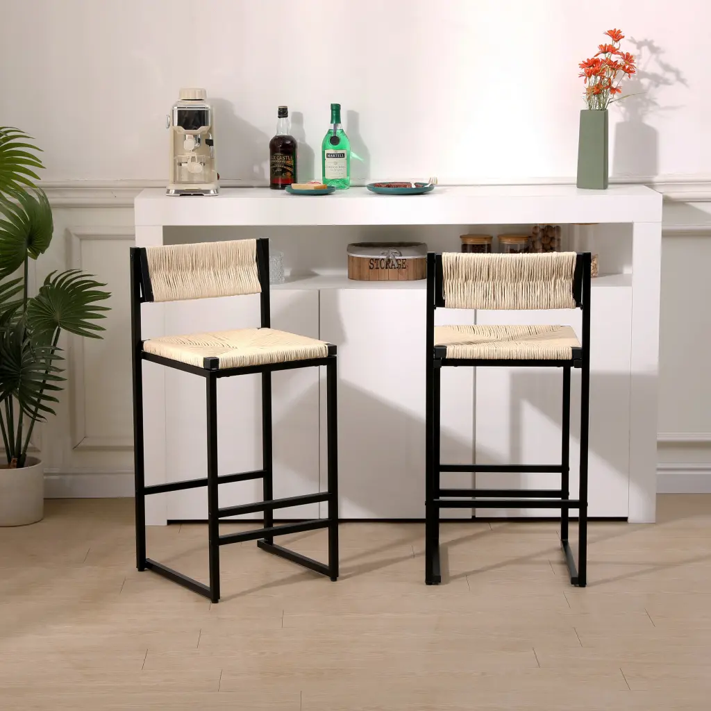 Creamy White Paper Rope Woven Bar Stools Set 2 Hand Weave Counter Stools yiqiumi furniture