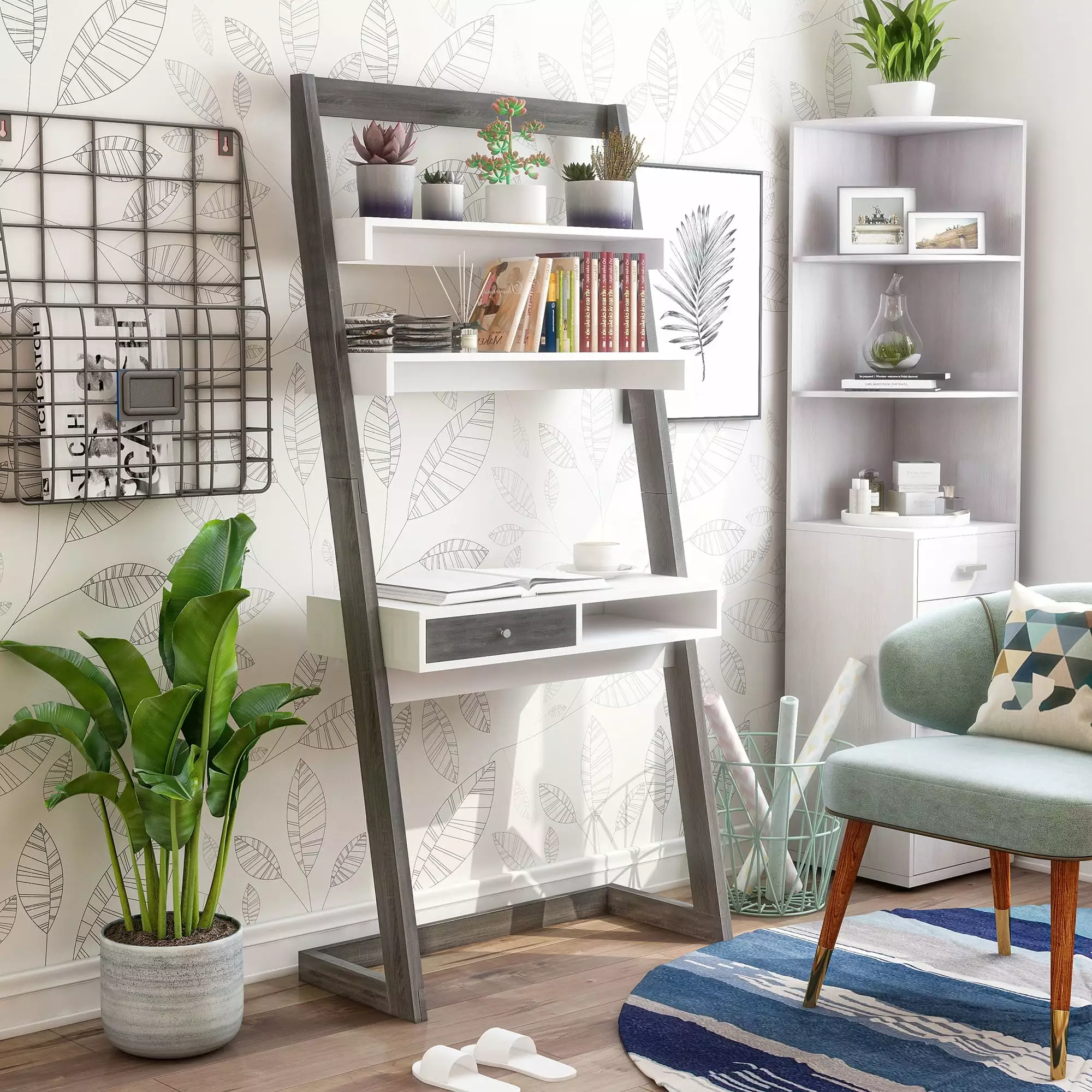 24/7 Shop At Home Wick Wood Leaning Writing Desk Shelves Distressed Gray