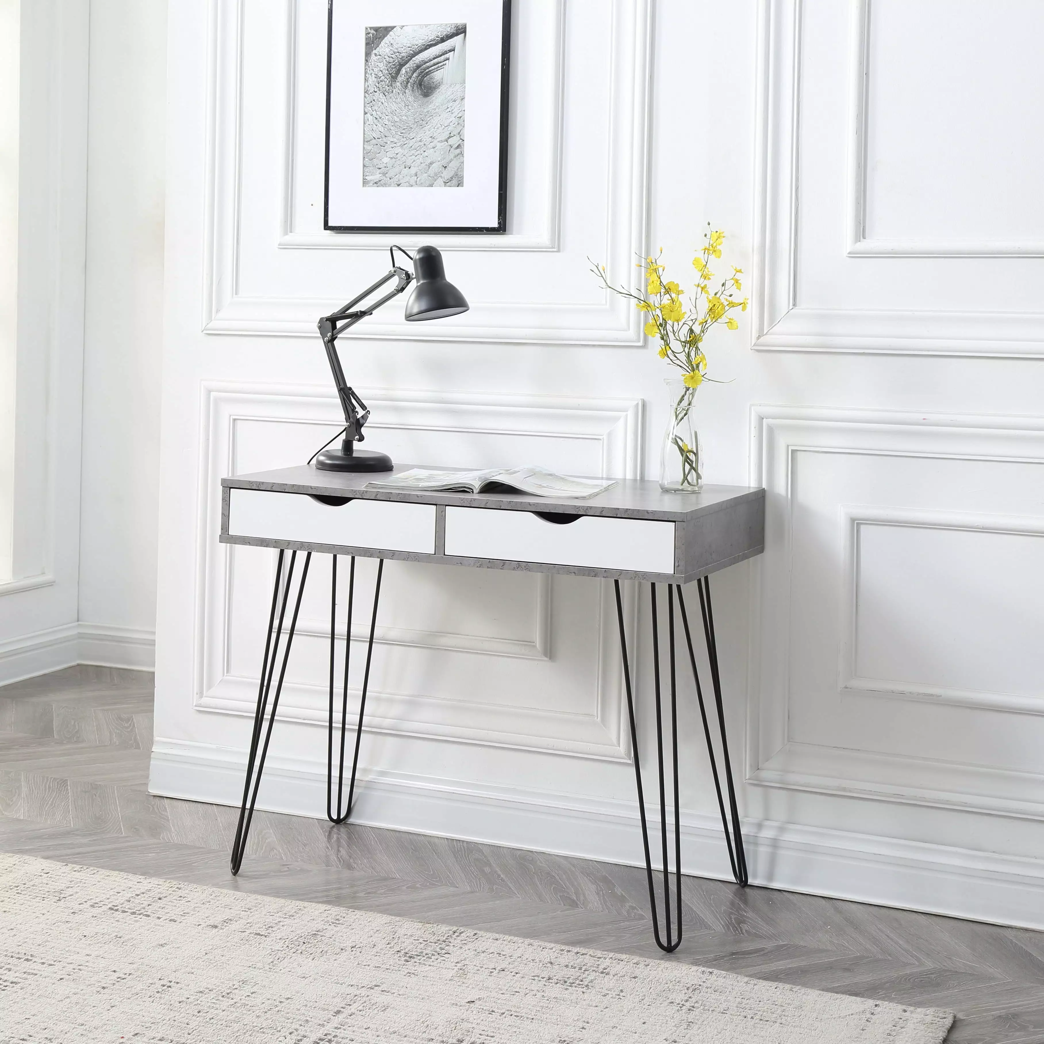 Contemporary Laurel Black Office Desk Storage Drawers and Retro Legs Home AC Pacific