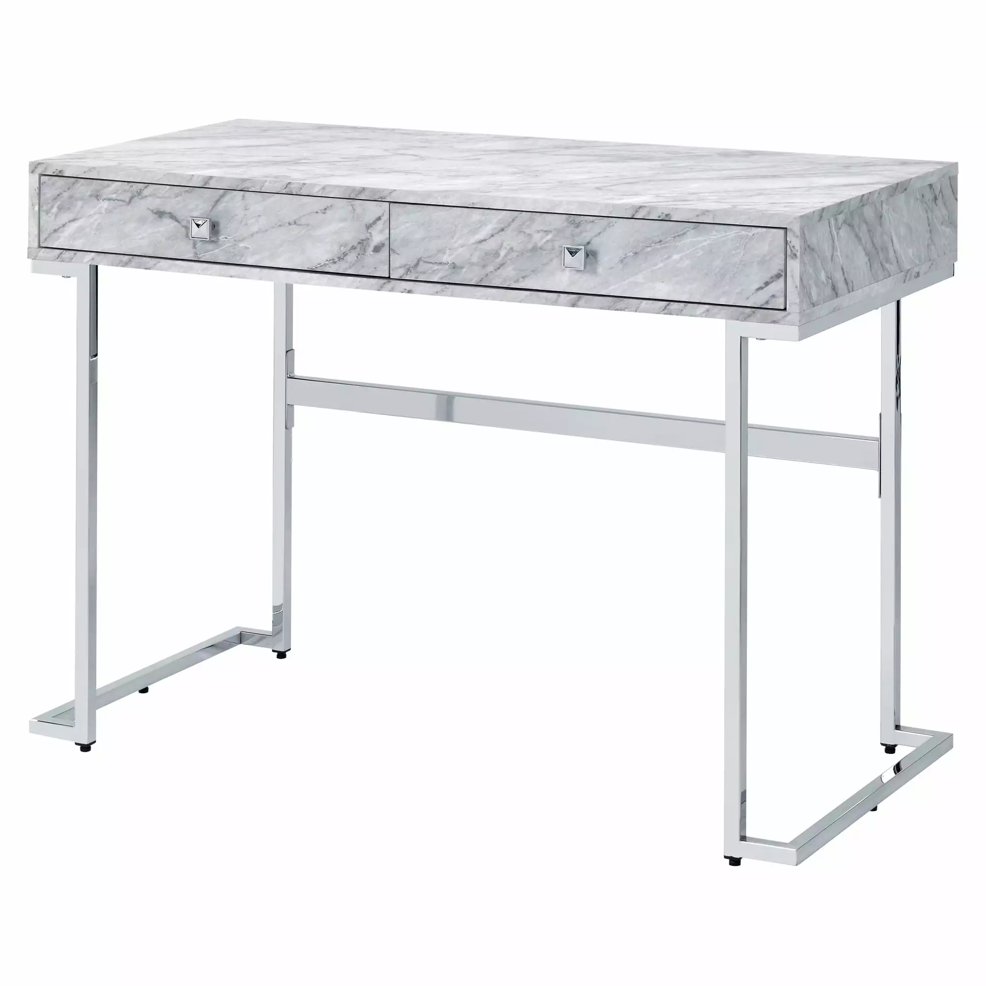 ACME Tigress Writing Desk White Printed Faux Marble and Chrome - Modern Home Office Desk Acme Furniture