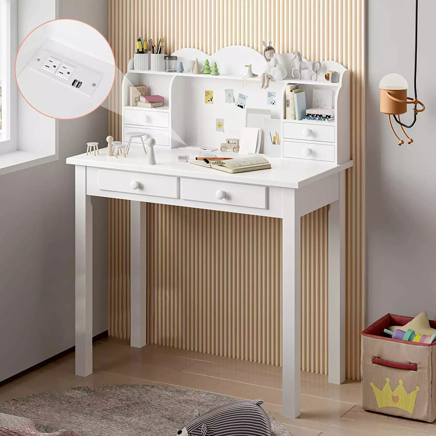Afuhokles 31.5 Writing Desk Hutch and USB Ports White Home Office Desk