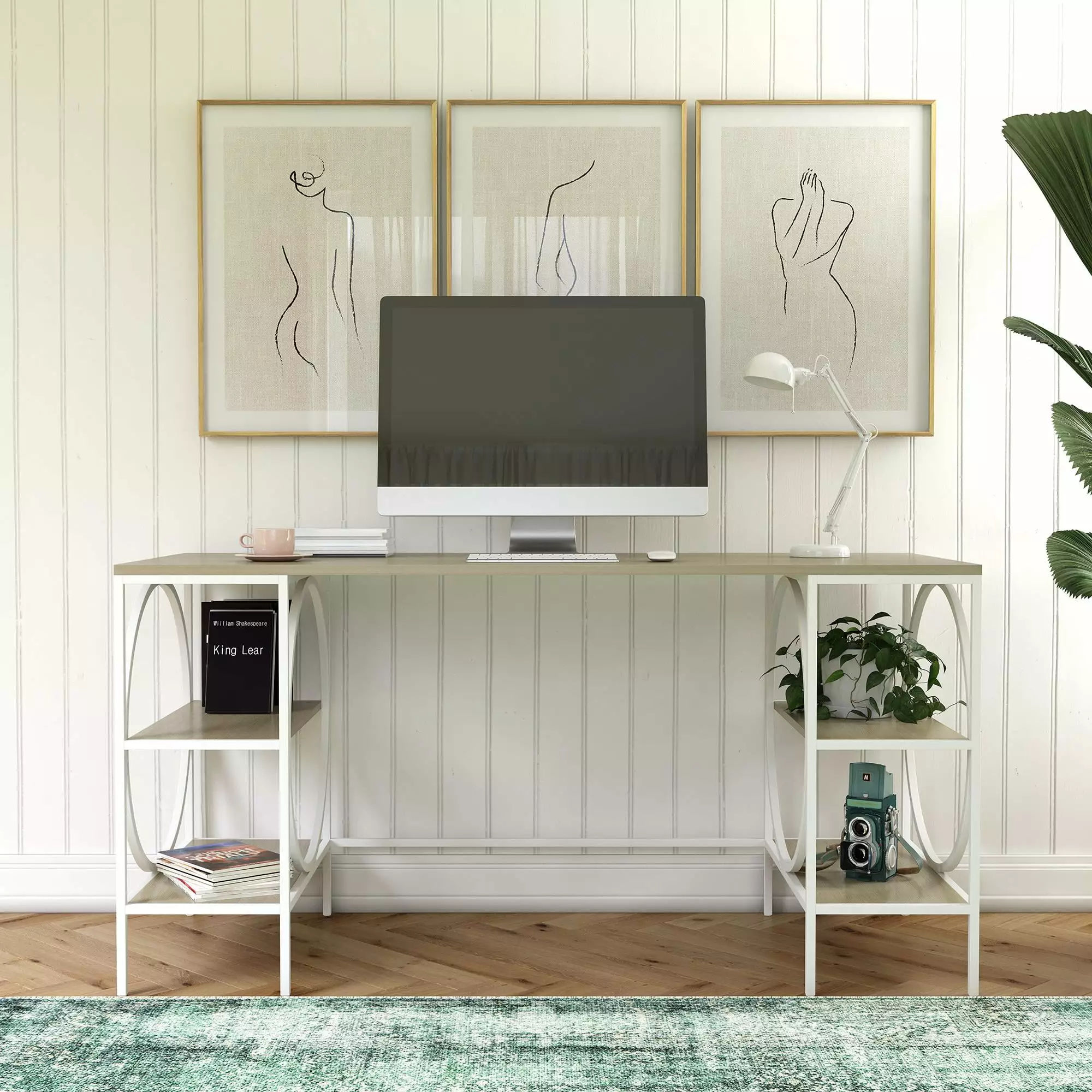 Ameriwood Home Strafford Double Pedestal Desk Pale Oak 60 Inch Writing Desk Storage