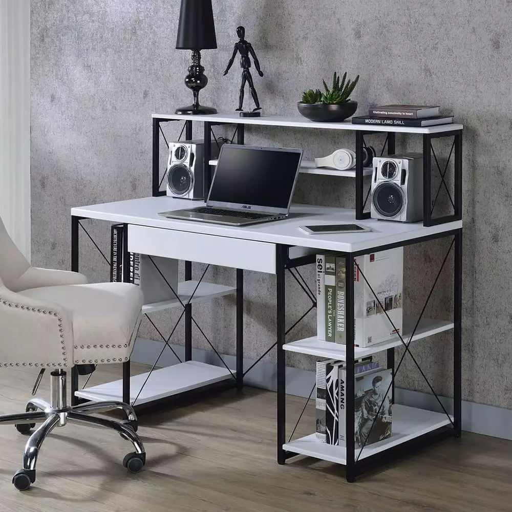 Computer Desk Shelves And Keyboard Tray - White Modern Home Office Writing Desk Storage Hutch ARCTICSCORPION