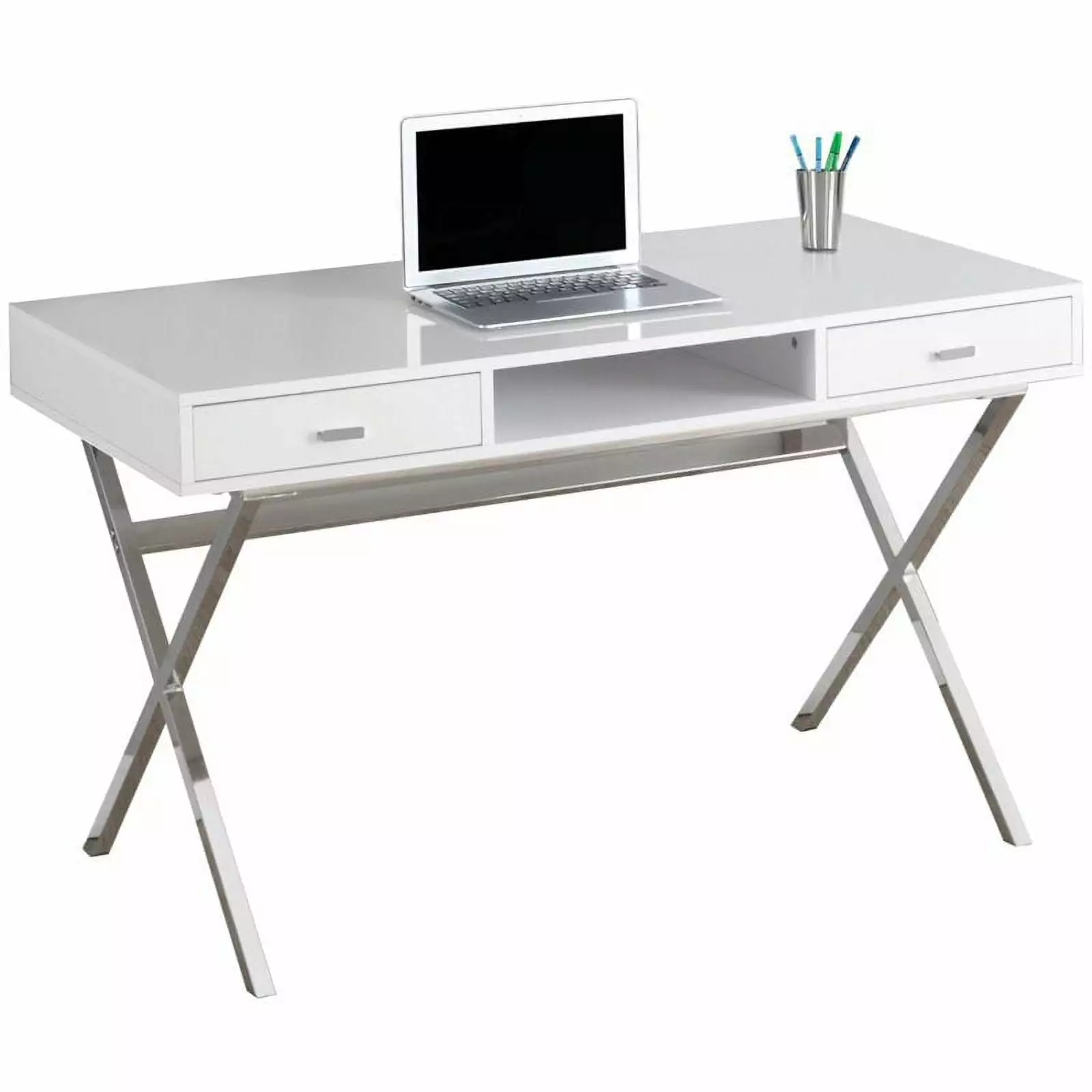 Atlin Designs 48 Modern Writing Desk Glossy White and Silver