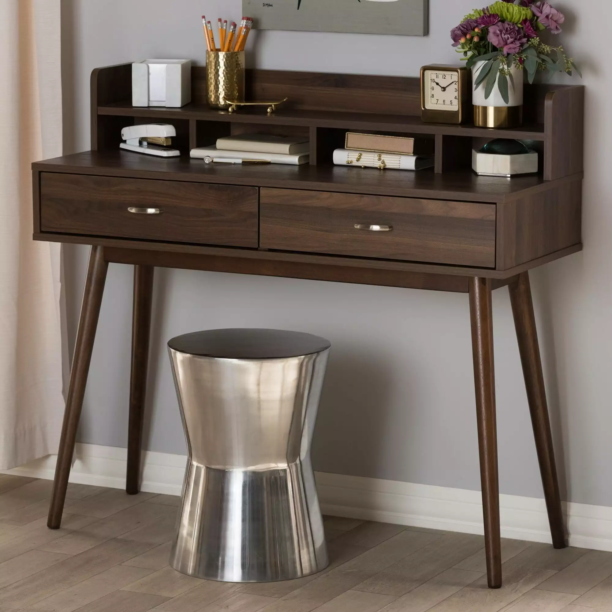 Baxton Studio Mid-Century Brown 2-Drawer Desk - Vintage Style Writing Desk Home Office