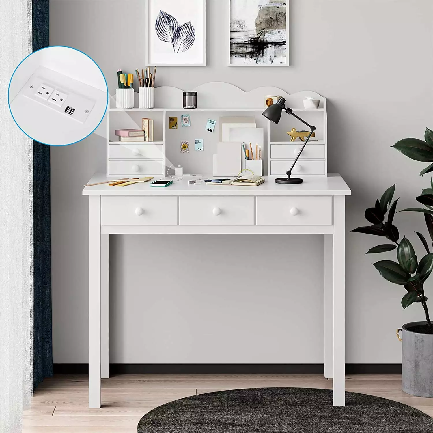 36.2 Inch Writing Desk USB Port and 7 Drawers Home Office Study Computer Work B&B Charcoal