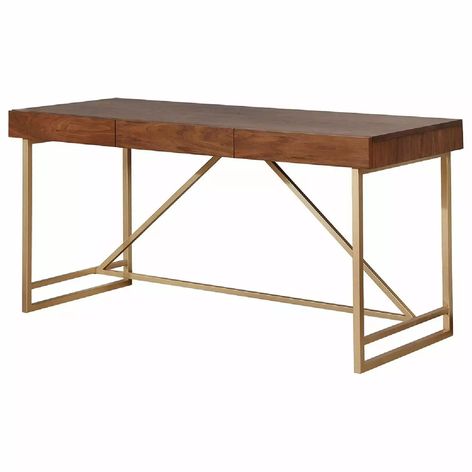 Modern Wooden Writing Desk Metal Legs Walnut Brown Gold Home Office Furniture Benzara