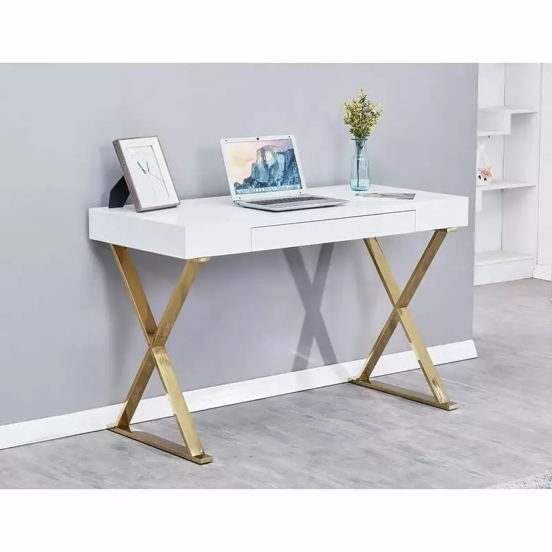 Best Master Furniture Modern White Writing Desk Silver Finish Home Office Desk