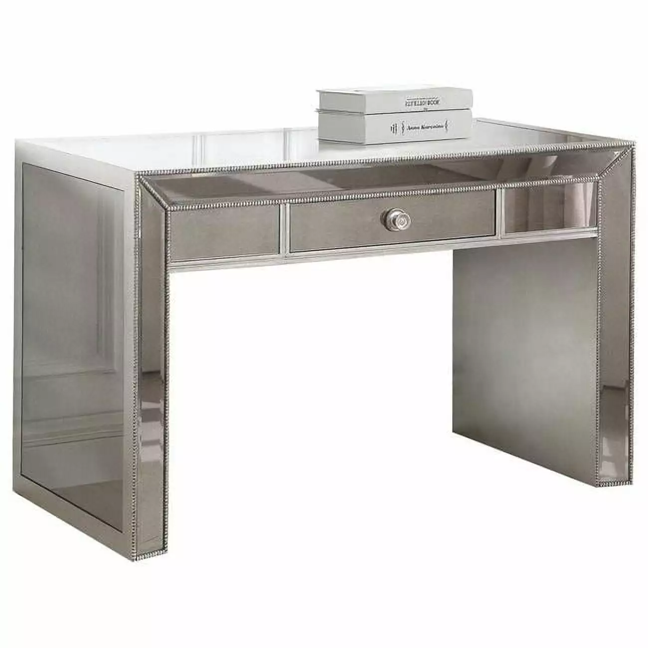 Best Master Jameson Solid Wood Writing Desk Mirrored Panel Antique Silver Best Master Furniture