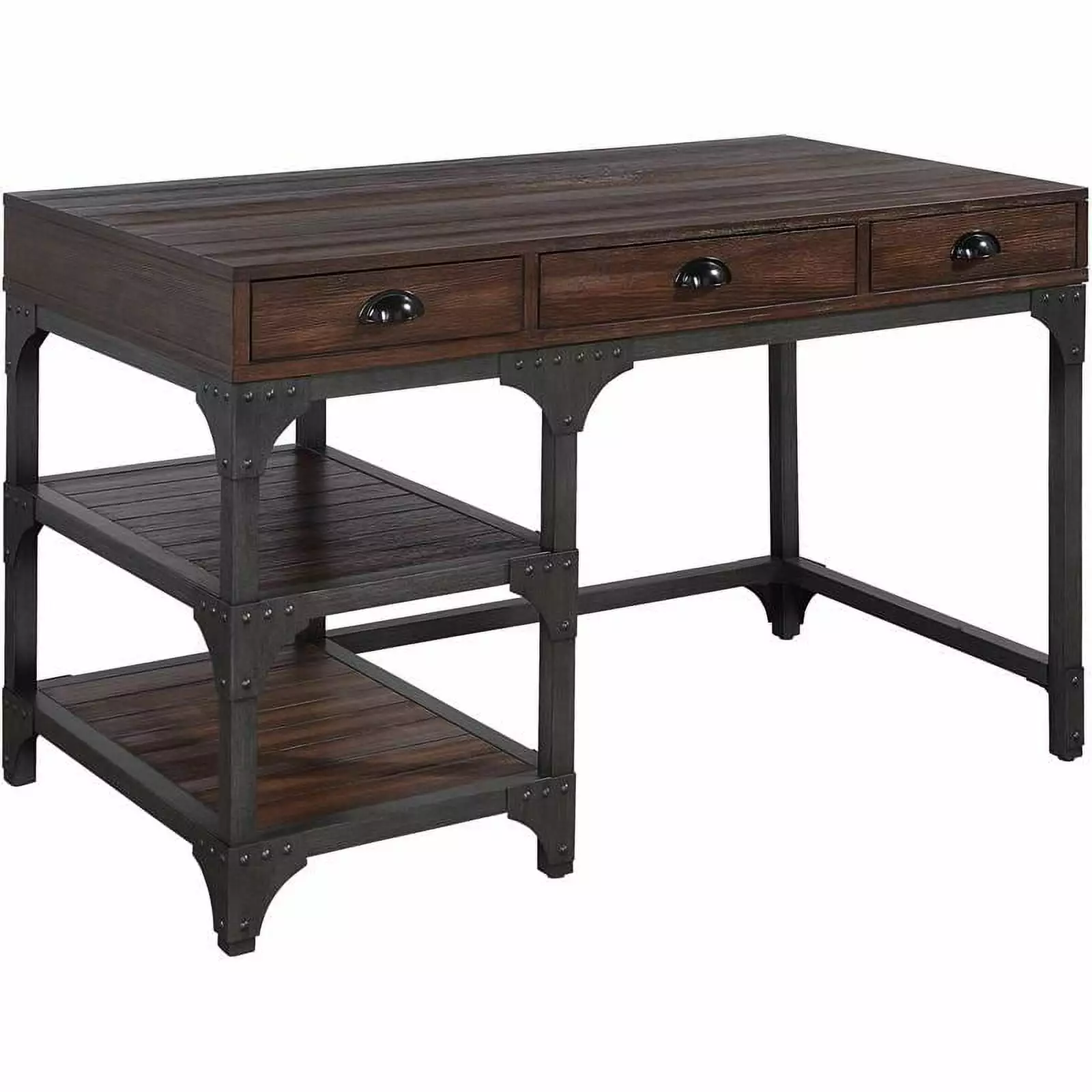 Bowery Hill Rustic Writing Desk Espresso Oak Finish Antique Black Metal Frame