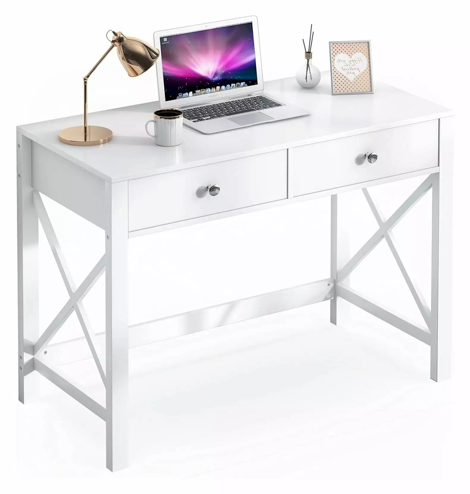 White Home Office Desk Drawers - Modern Writing Computer Desk and Makeup Vanity Table Bedroom BULYAXIA