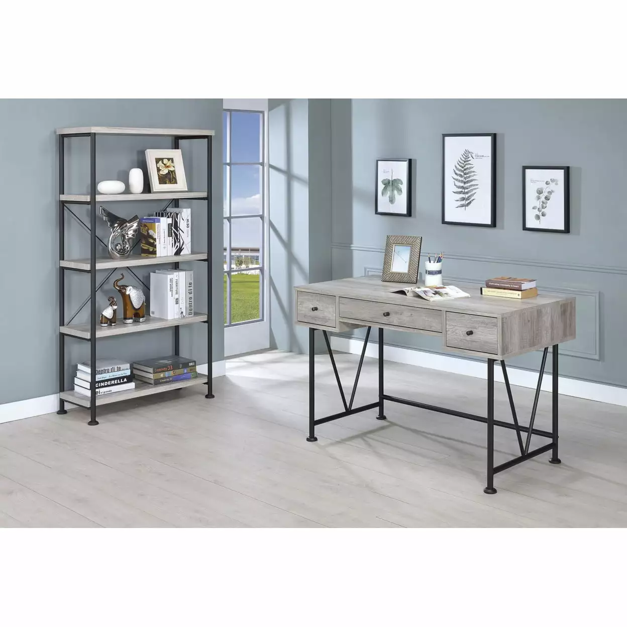 Analiese 3-Drawer Writing Desk Grey Driftwood and Black Modern Home Office Desk Coaster Company