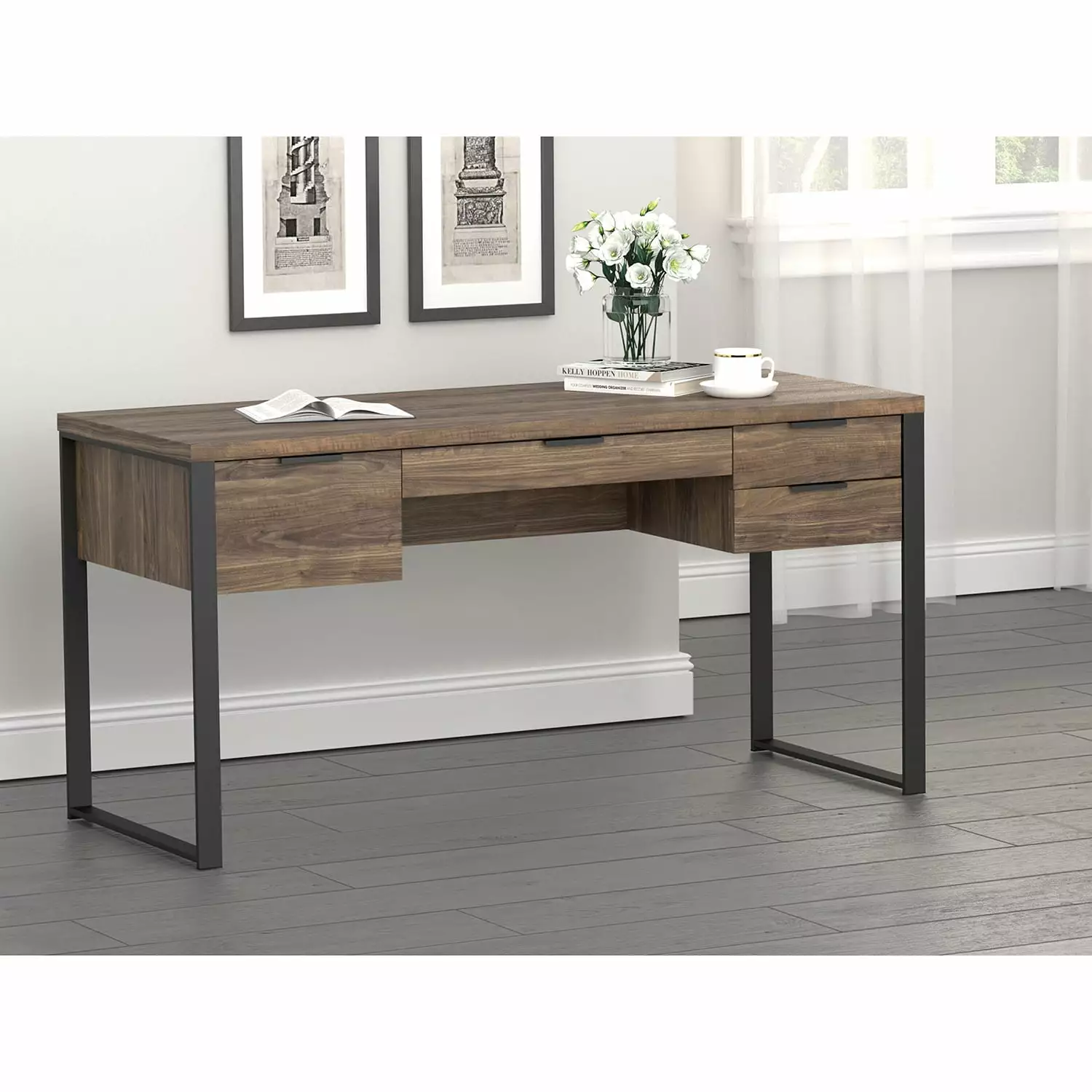 Pattinson 4-drawer Writing Desk Aged Walnut and Gunmetal Coaster Company