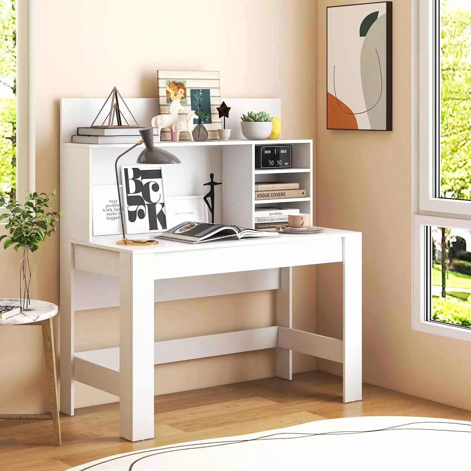 Coelon White Wooden Computer Desk Hutch and Anti-Toppling Device